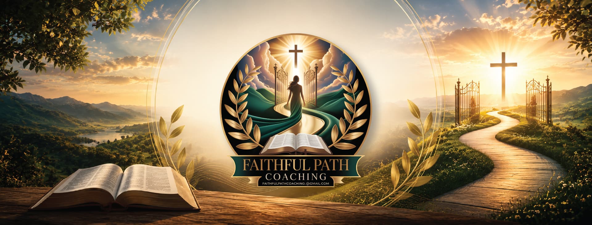 Faithful Path banner: a sunlit path leading through open gates toward a cross, with an open Bible resting in the foreground